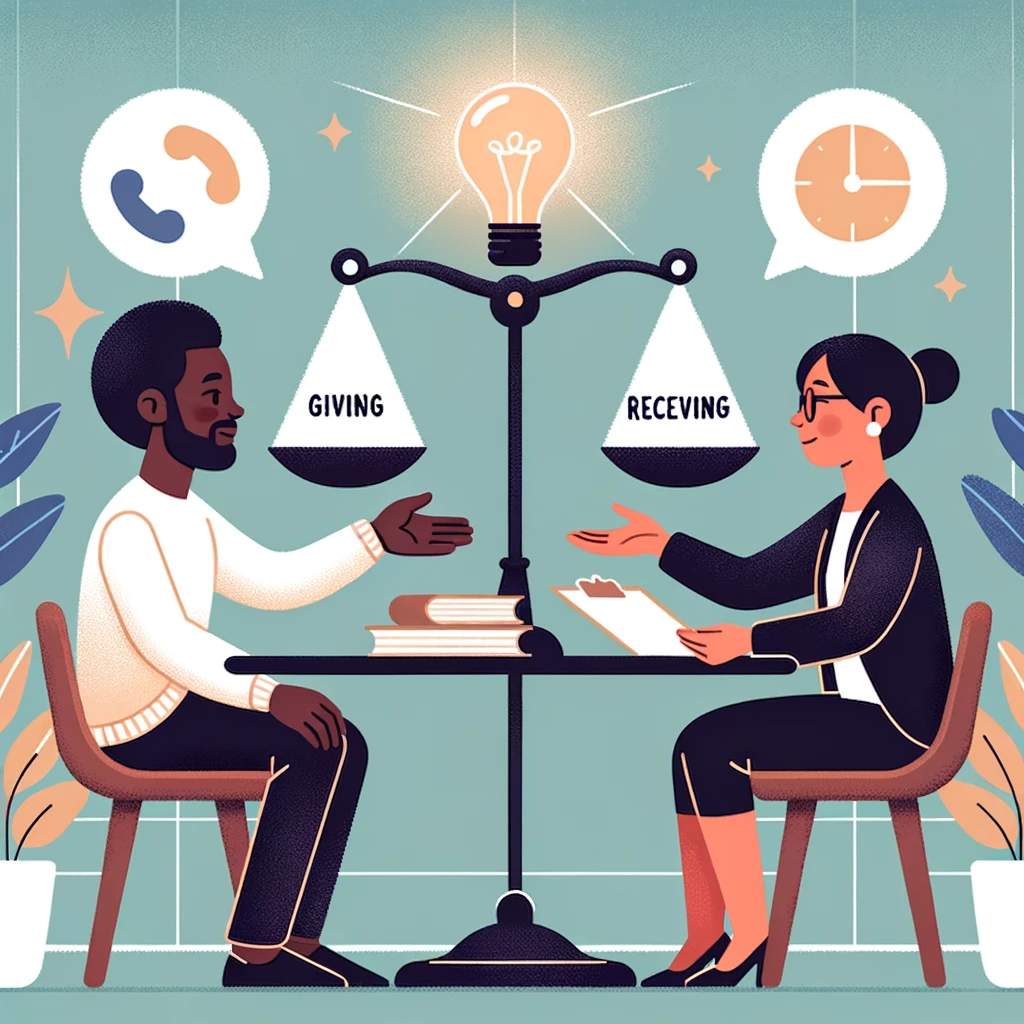 Illustration of a diverse client and designer sitting across a table, with one having African descent and the other of Asian descent. They are engaged in a discussion, with design drafts spread on the table. A glowing light bulb above them symbolizes understanding and collaboration. In the backdrop, a balance scale displays the words 'Giving' and 'Receiving', emphasizing the feedback equilibrium.